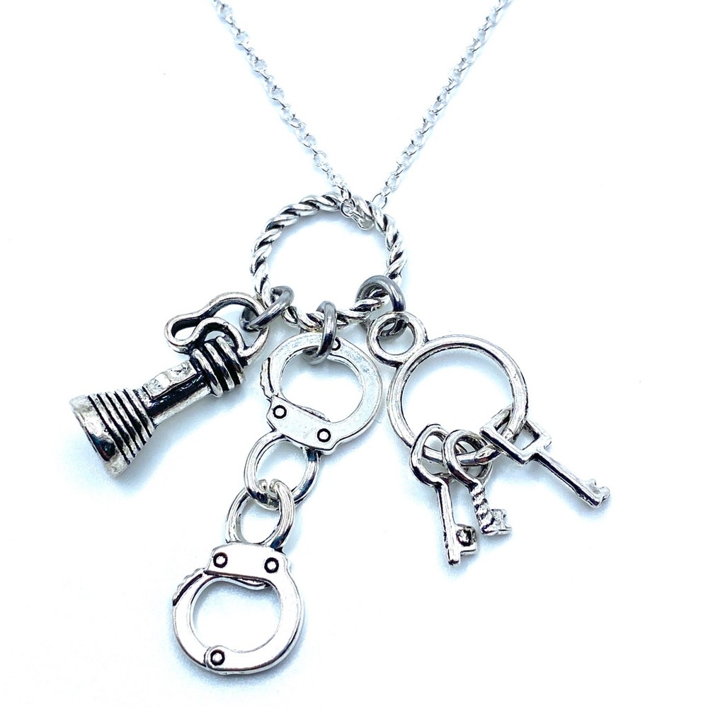 Corrections Officer Charm Necklace Handcuffs Flashlight Jailer Key Ring